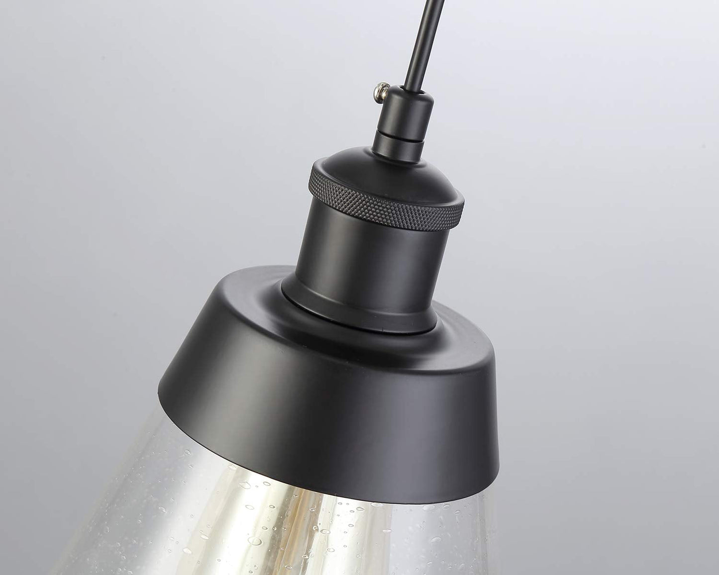 Fivess Lighting Industrial Glass Pendant Light, Mini Pendant, Black Metal, Adjustable, Handblown Clear Seeded Glass Shade