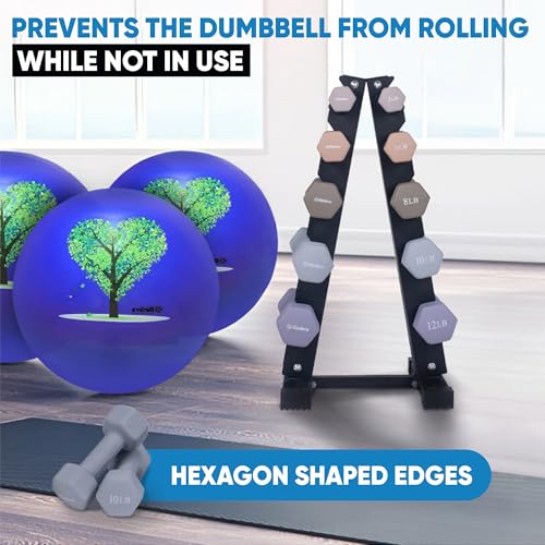 Dumbbell Set with Rack - Neoprene Coated Weights - Hex Color Coded Dumbell Pairs 1-20 LBs