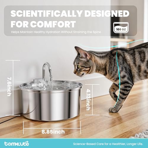 Tomxcute Cat Water Fountain, 3.2L/108oz Automatic Stainless Steel Pet Fountain Dog Water Dispenser, Ultra-Quiet Pump and 3...
