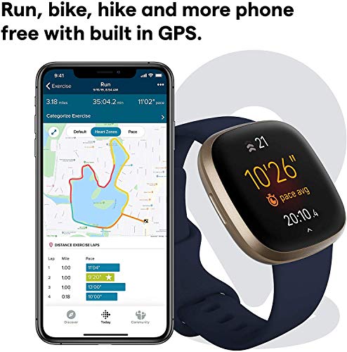 Fitbit Versa 3 Health & Fitness Smarwtach with GPS, 24/7 Heart Rate, 6+ Days Battery, Midnight Blue/Gold, One Size (S & L ...