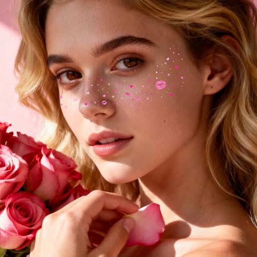 Cerlaza Valentines Day Accessories, 40 Pcs Valentines Temporary Tattoos Heart Glitter Freckles Face Stickers Makeup for Wo...