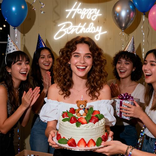 Happy Birthday Neon Sign - 16.5x9.8 Inch White Birthday Neon Light for Wall Decor, USB Powered Dimmable Party Decorations ...