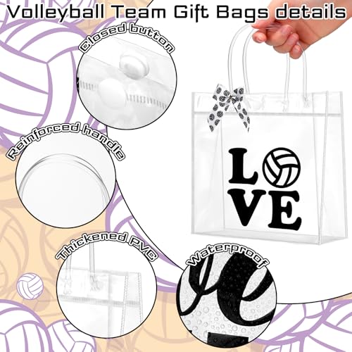 Vicenpal 12 Sets Clear Volleyball Gift Bag with Handles 12 Pcs Bows PVC Plastic Volleyball Treat Goodie Snack Bags 7.9 x ...