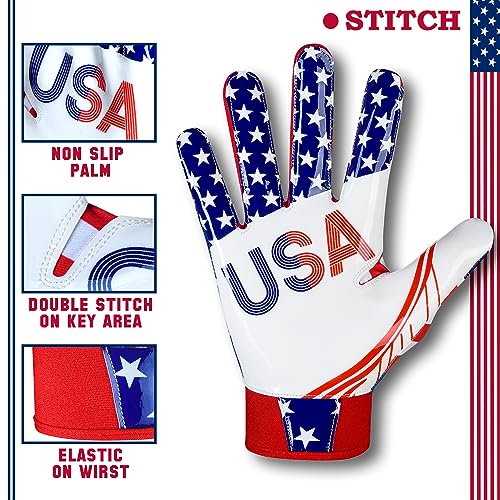 Dot Stitch Football Receiver Glove with American Flag, Silicone Grip for Men, Adult & Youth