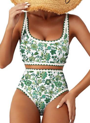 Herseas Women's Bikini Sets Floral Print Whip Stitch 2 Piece Swimsuits High Waisted Scoop Bathing Suits