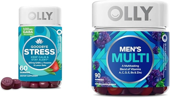OLLY Goodbye Stress Gummy, GABA, L-Theanine, Lemon Balm, Berry - 60 Count Men's Multivitamin Gummy, Vitamins A, C, D, E, B, Lycopene, Zinc, BlackBerry - 90 Count Bundle