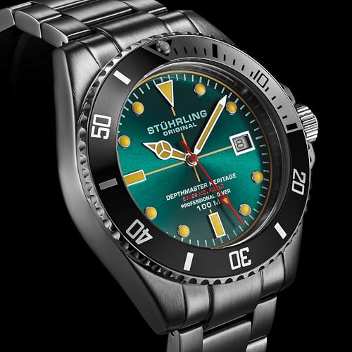 Stuhrling Depthmaster Heritage Diver Swiss Quartz Watch, 42mm, Teal Dial, Stainless Steel, 100M Water Resistant