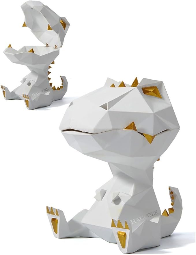 HAUCOZE Dinosaur Statue Candy Dish Key Bowl Dino Gifts Sculpture Modern Home Decor Accessories Pop Arts Polyresin Cookie Jar White 7.5 inch