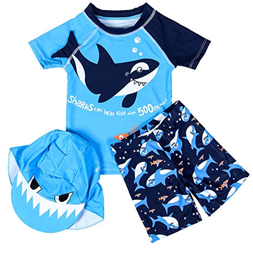 Baby Toddler Boys Two Pieces Swimsuit Set Shark Bathing Suit Rash Guards Swimwear with Hat UPF 50+
