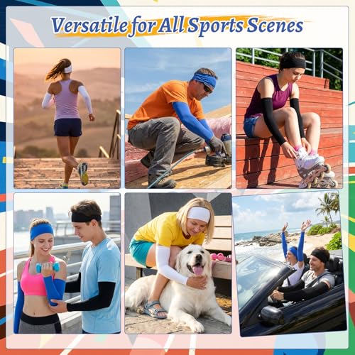 JATEBI 6 Pack Sports Headband and Arm Sleeves Sweatbands Cooling UV Sun Protection for Running Yoga Fitness Workout
