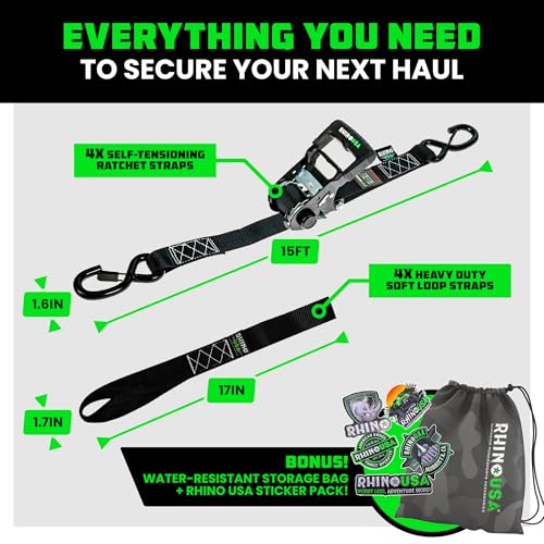 Rhino USA Self Tensioning Ratchet Tie Down Straps (4PK 1.6INX15FT)- Heavy Duty Patented Cargo Strap Keeps Tension When You...