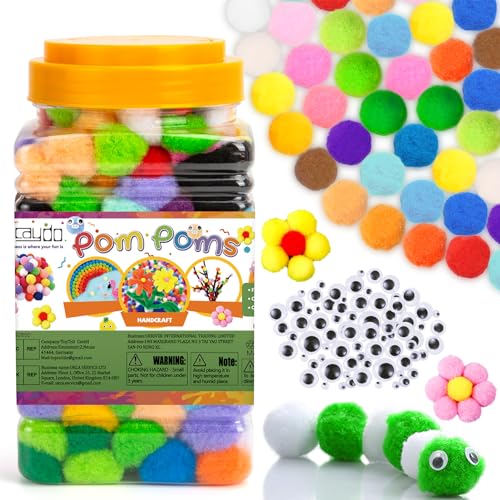 Caydo [400 pcs] - 300 Pieces 1 Inch Assorted Pompoms with 100pieces Wiggle Eyes Multicolor Arts and Crafts Pom Poms Balls ...