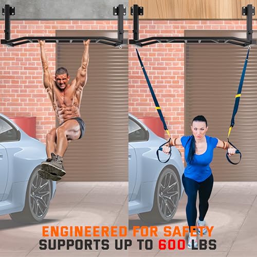 HWOOUSA 48" Joist Mounted Pull Up Bar, 600LBS Heavy Duty Multi Grip Ceiling Mount Chin Up Bar, Ceiling Beam for Home Gym/G...