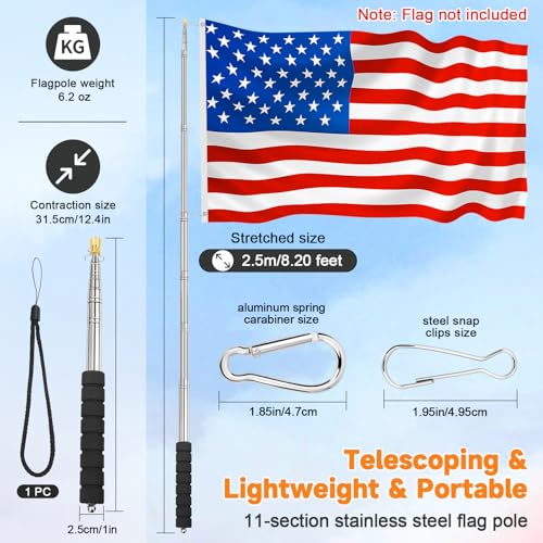 Portable Handheld Flag Pole for Carrying, 8.2Ft/2.5M Stainless Steel Telescopic Hand Held Carry Flag Pole, Telescoping Tou...
