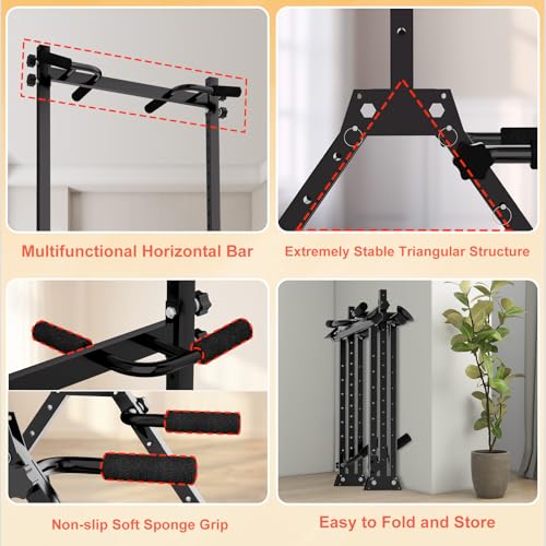 Leasbar Foldable Power Tower Dip Station Pull Up Bar, Multifunction Triangular Structure Pull Up Station Home Gym Strength...