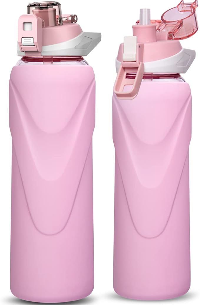 32 oz Sports Glass Water Bottle with Straw & Silicone Sleeve Reusable BPA-free Borosilicate Glass Drinking Bottle with Flip Top Lid & Handle Wide Mouth (Pastel Pink)