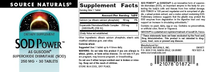 Source Naturals SOD Power As Glisodin, Superoxide Dismutase, Dietary Supplement 250mg - 30 Tablets