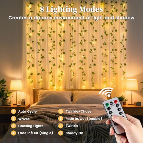 DomeStar Vines with Light for Bedroom, 300 LED Fairy Lights with Vines, Curtain String Lights with Remote for Dorm, Weddin...