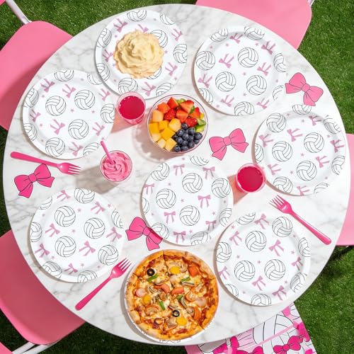 Greencian 50pcs Volleyball Party Decorations 9" Pink Bow Volleyball Birthday Paper Plates Sports Disposable Plates for Gir...
