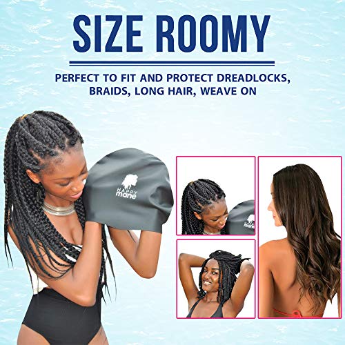 Happy Mane Silicone Swim Cap for Braids and Dreadlocks - Keeps Your Hair Dry While Swimming and Bathing Long Hair, Extensi...
