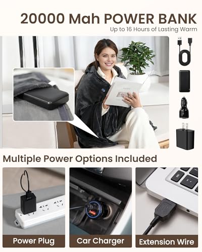 Cordless Heated Blanket with Hood, USB Battery Powered Heated Wearable Blanket with 9 Heating Zones, 20000 mAh Power Bank,...