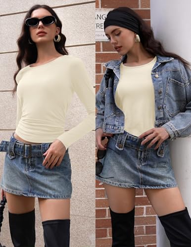 Ekouaer Long Sleeve Shirts for Women 3 Pack Scoop Neck Fitted Tops Thermal Undershirt Stretch Base Layer Soft Tee XS-XXL