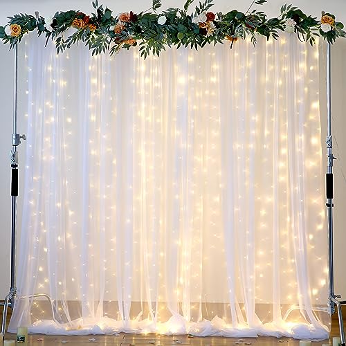 White Tulle Backdrop Curtain with Lights String for Parites 10×8ft Sheer Backdrop Curtains White Curtain Backdrop for Wedd...
