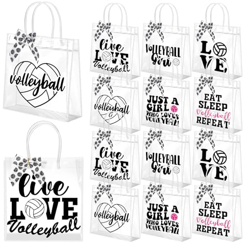 Vicenpal 12 Sets Clear Volleyball Gift Bag with Handles 12 Pcs Bows PVC Plastic Volleyball Treat Goodie Snack Bags 7.9 x ...