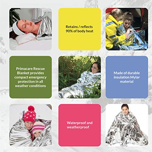 Primacare HB-10 Emergency Mylar Thermal Blankets – 10 Pack, 84" x 52", Silver – Reflective, Waterproof, Retains 90% Body H...