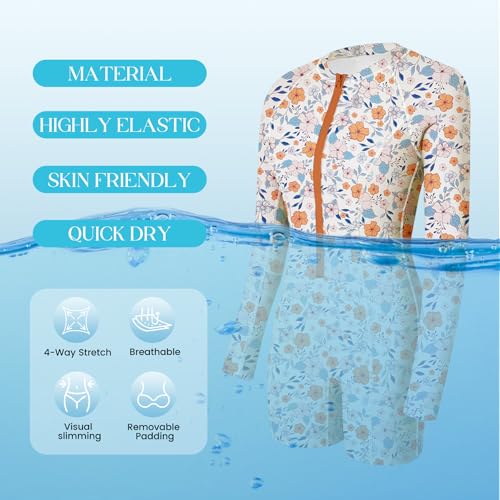 Zando Womens UPF50+ Tummy Control Rash Guard Long Sleeve Swimsuits One Piece with Front Zipper & Boyleg for Surfing Swimming