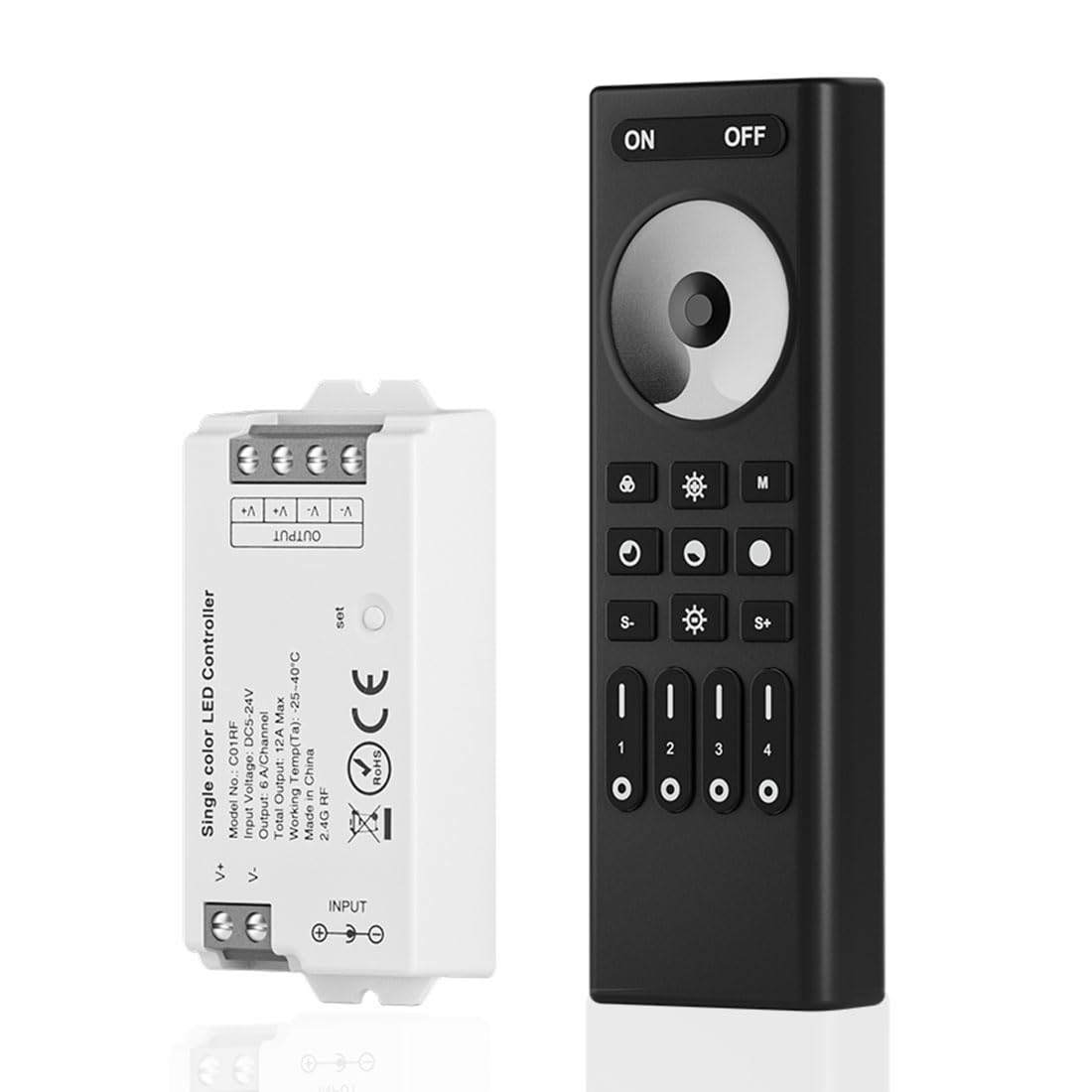 SEZO RF Controller Kit RC01RFB + C01RF, 4-Zone Wireless Remote, Adjustable Brightness, Single Color, for 3528 LED Strip