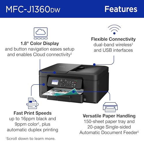 Brother Work Smart 1360 Wireless Color Inkjet All-in-One Printer with Automatic Duplex Printing and 1.8” Color Display | I...