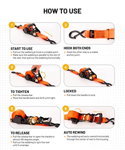 Strapinno 2PCs Retractable Ratchet Tie-Down Straps,5,000 lbs Break Strength- 2 in x 12 ft Heavy Duty Ratchet Strap with Sa...