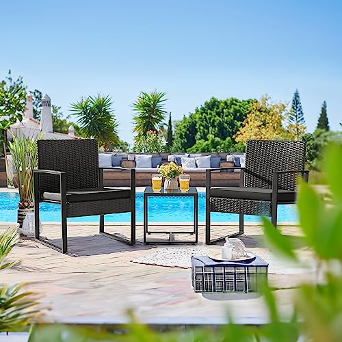 Flamaker 3 Pieces Outdoor Patio Wicker Furniture Set, Modern Rattan Chair Conversation Sets with Coffee Table for Yard and...