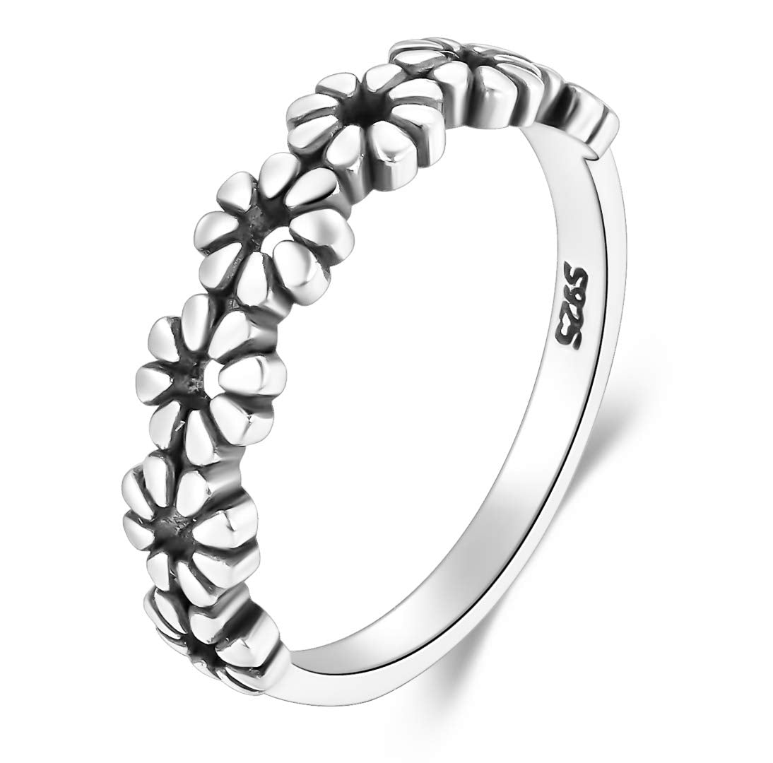 BORUO 925 Sterling Silver Ring, Daisy Flower Hawaiian High Polish Plain Dome Tarnish Resistant Comfort Fit Wedding Band Ring Siz