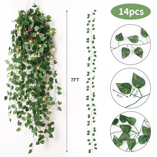 CEWOR 14 Pack 98ft Fake Ivy Vines, Artificial Ivy Garland with 100 LED String Lights, Hanging Plants Greenery Backdrop Gre...