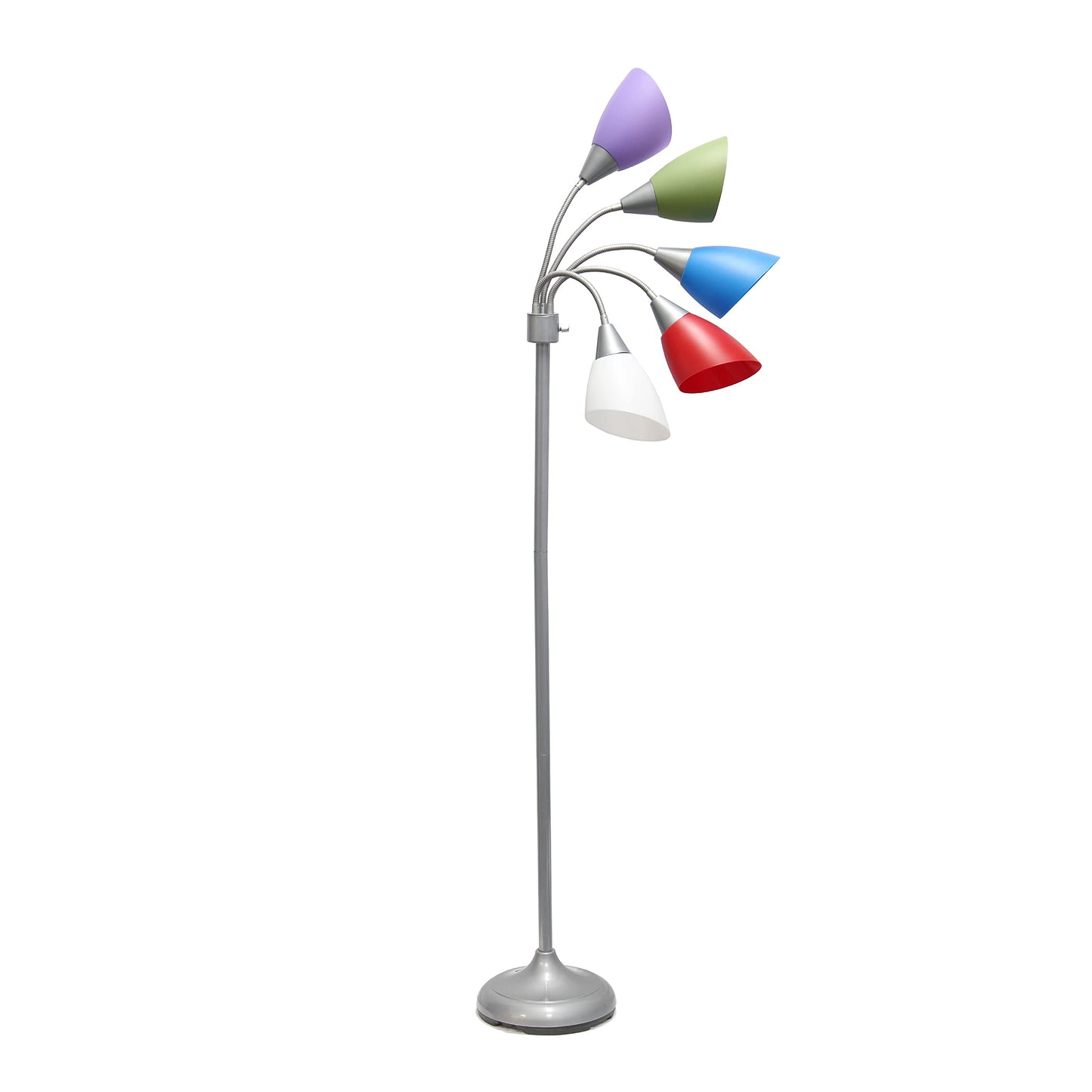 Simple Designs LF2006-SDM 67in Multi Head Gooseneck Floor Lamp, Silver/Primary Multicolor Shades, Plastic, Ideal for Kids Bedroom, Playroom, Office