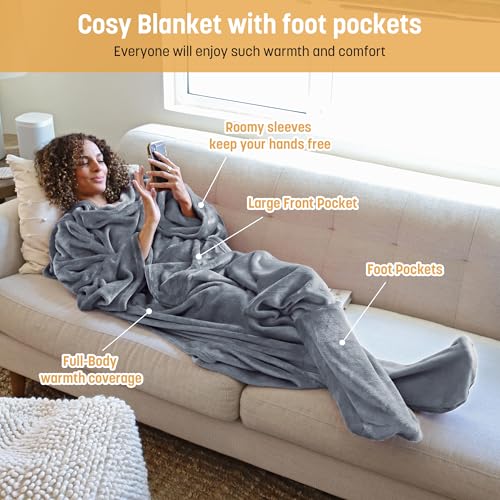 Catalonia Wearable Fleece Blanket with Sleeves and Foot Pockets for Adult Women Men, Micro Plush Comfy Wrap Sleeved Throw ...