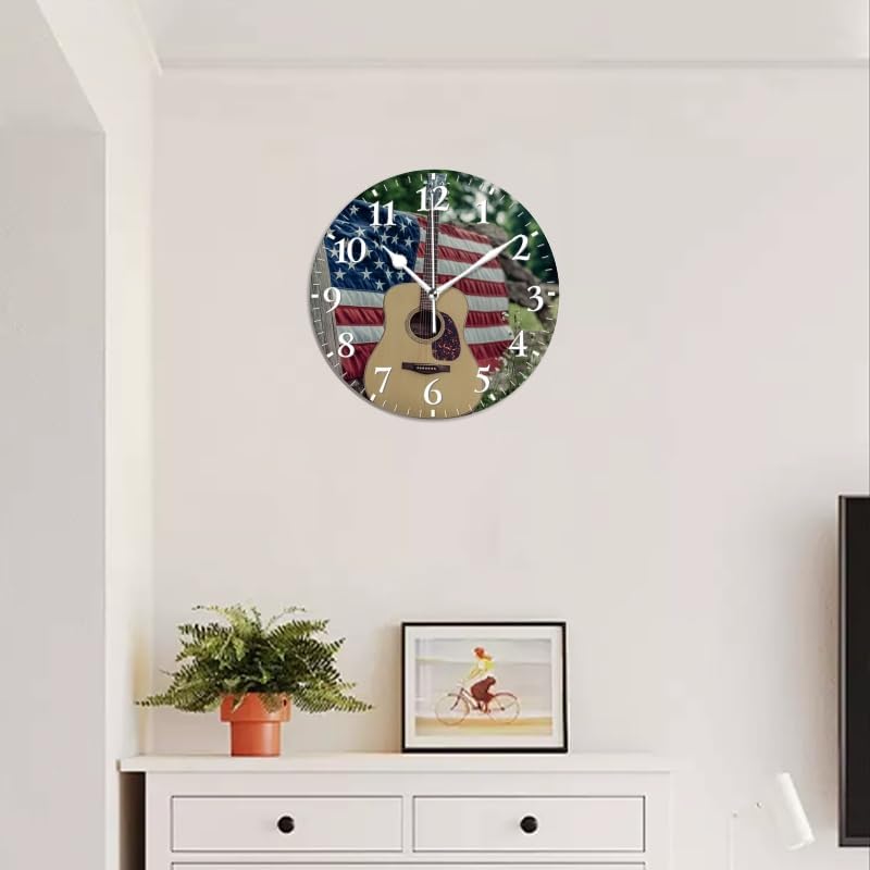 Guitar Wall Clock Non-Ticking Silent Clocks Battery Operated Analog Decor Clock for Home-Guitars Sitting On Fence with American Flag(16inch)