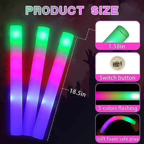 GalaGalore 100 Pcs18.5inch Foam Glow Sticks Bulk - 3 Modes Colorful Flashing Led Foam Sticks Glow in The Dark Party Suppli...