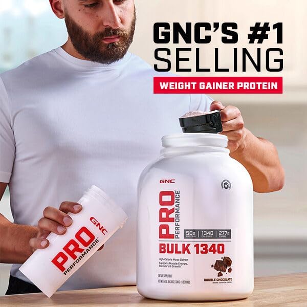 GNC Pro Performance Bulk 1340 Mass Gainer Protein Powder, 50g, Gluten Free, Whey, Creatine, BCAA, 3rd Party Tested, Muscle Recovery & Growth, Micronutrients, Strawberries and Cream, 9 Servings