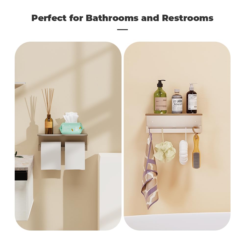 Double Toilet Paper Holder with Shelf, FreshGlow Large Tissue Holder Brushed Nickel, Wall Mount Commercial Toilet Paper Dispenser Phone Shelf Stainless Steel, Tissue Roll for Bathroom