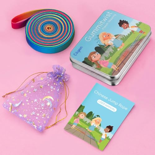 Cikyner Chinese Jump Rope, 4m Long 1.5cm Wide Elastic Chinese Ropes with Instructions French Skipping Rainbow Band for Ind...