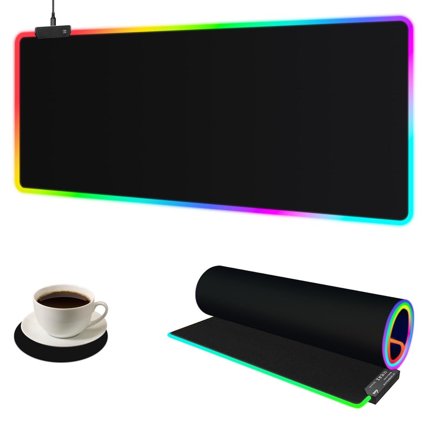 YQE RGB Gaming Mouse Pad: 35.4"x15.7" Desk Mat for Keyboard and Mouse, LED Game Mousepad with 14 Colors Light Modes, Non-Slip Desk Pad Matt Protector+Coasters-for Home, Office, Desktop-Black