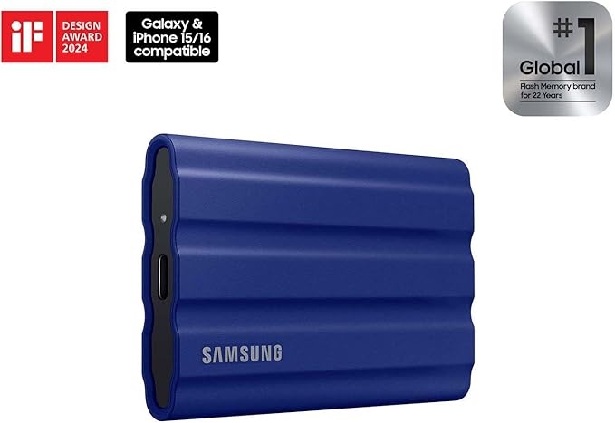 SAMSUNG T7 Shield 1TB, Portable SSD, up to 1050MB/s, USB 3.2 Gen2, Rugged, IP65 Rated, for Photographers, Content Creators and Gaming , External Solid State Drive (MU-PE1T0R/AM, 2022), Blue