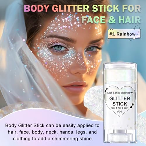IONSGAKO Sparkling Rainbow Body Glitter Stick, Face Body Glitter Gel Holographic Hair Glitter Halloween Chunky Sequin Wate...