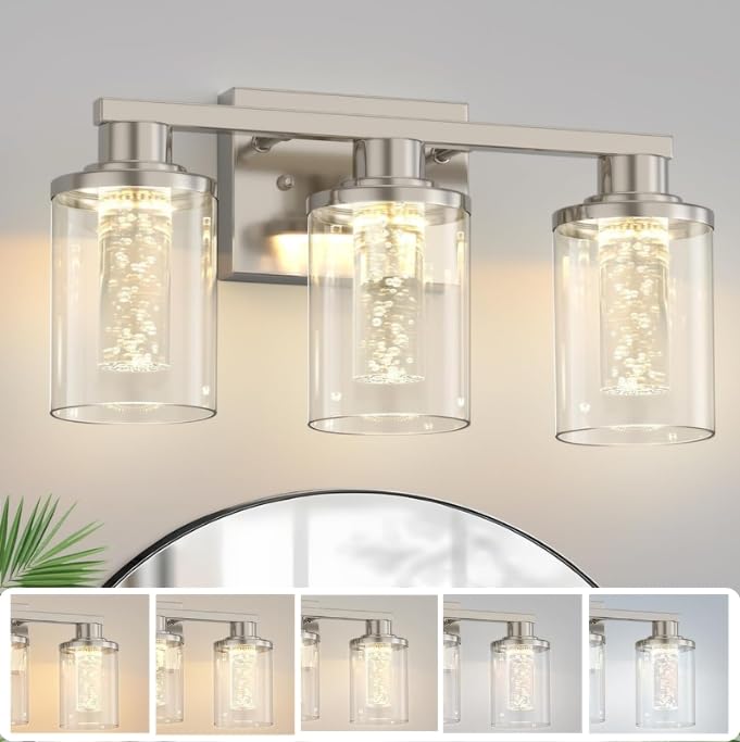 L LOHAS LED 3-Light Bathroom Light Fixtures, Dimmable Crystal Vanity Lights with Clear Glass Shade, Nickel Finish