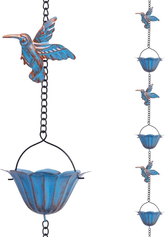 13.4FT Rain Chain, Hummingbird Rain Chains for Outside, Copper Rain Chain Bell with 12 Cups, Decorative Rain Catcher Chain Replacement Downspout for Gutters