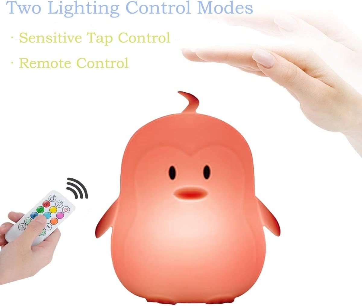 Tekemai LED Night Light, Silicone Penguin Lamp - 9 Colors, USB Rechargeable, Remote Control, Dimmable, White, Model TC886-4