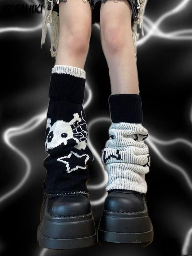 heyheyshine Y2k Star Skull Print Two Side Wear Knitted Leg Warmers Socks Punk Girls Japanese Kawaii Streetwear Leg Cover (Skull Star Flared, One Size)